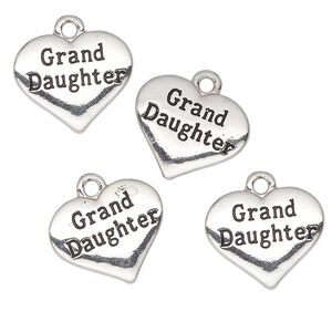 Charm, antique silver-finished "pewter" (zinc-based alloy) and enamel, black, 16x13mm heart with "Granddaughter". Sold per pkg of 4.