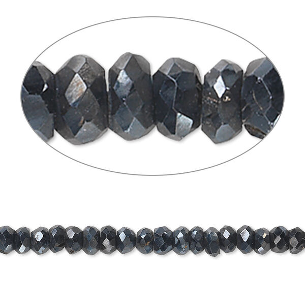 Bead, black spinel (natural / coated), luster, 4x1mm-5x3mm hand-cut faceted rondelle, B- grade, Mohs hardness 8. Sold per 14-inch strand. image number 0