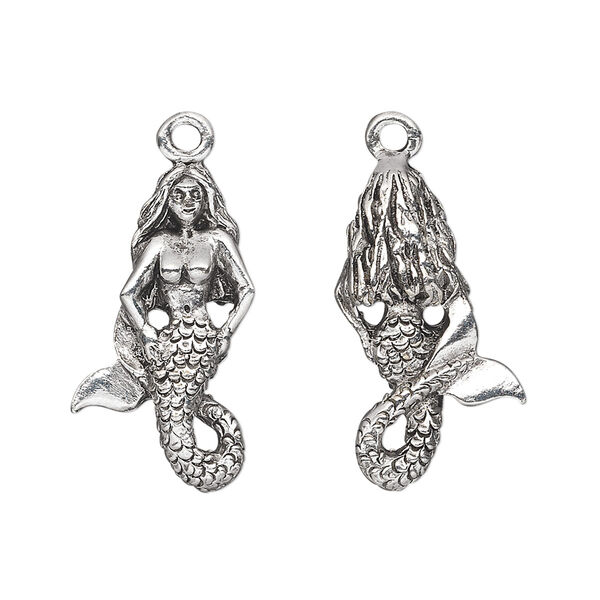 Charm, pewter (tin-based alloy), pkg/1, antique silver plate, 23x13mm 2-sided mermaid. image number 0