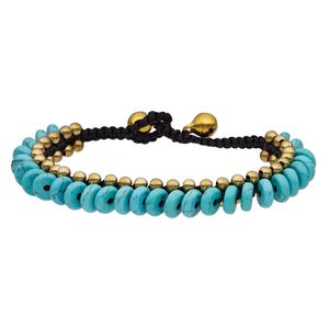 Magnesite / brass / waxed cotton cord 1pkg1, brass-plated bells / bracelet / adjustable 6.5-7.5 inch / button clasp / 10mm wide