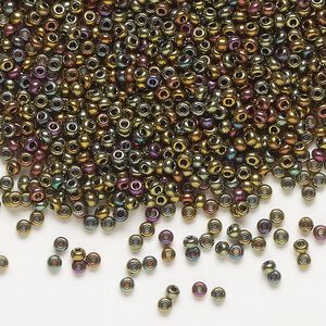 Seed bead, Preciosa Ornela Czech glass, pkg/500g, #11 rocaille, opaque golden bronze gold iris black, (59148).
