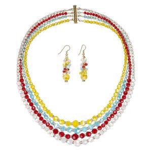 Necklace and earring set, One of a Kind Jewelry, gold-plated brass and glass, multicolored, 18 inches. Only one available.