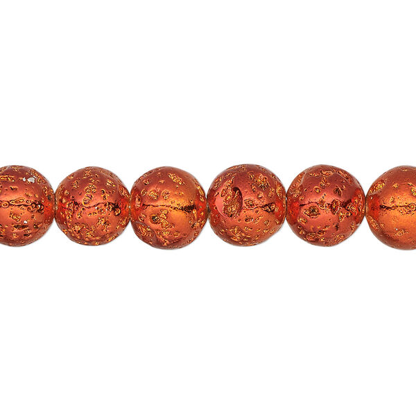 Bead, electro-coated lava rock (coated), orange, 7-8mm round. Sold per 15-1/2" to 16" strand. image number 0