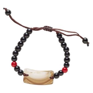 Black agate / brown agate / glass / waxed cotton 1pkg1, curved rectangle bracelet adjustable 5-7.5 inch 15mm