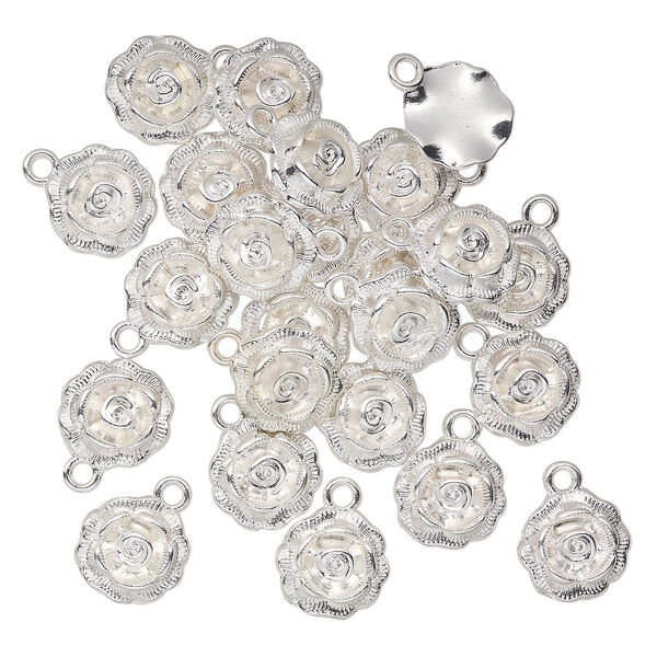 Charm, silver-finished "pewter" (zinc-based alloy), 14mm single-sided rose. Sold per pkg of 24. image number 0