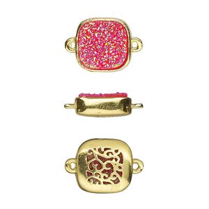 Link, Druzylite™, "druzy" (resin) and gold-finished brass, hot pink, 11.5mm two-sided square with open filigree back. Sold per pkg of 4.