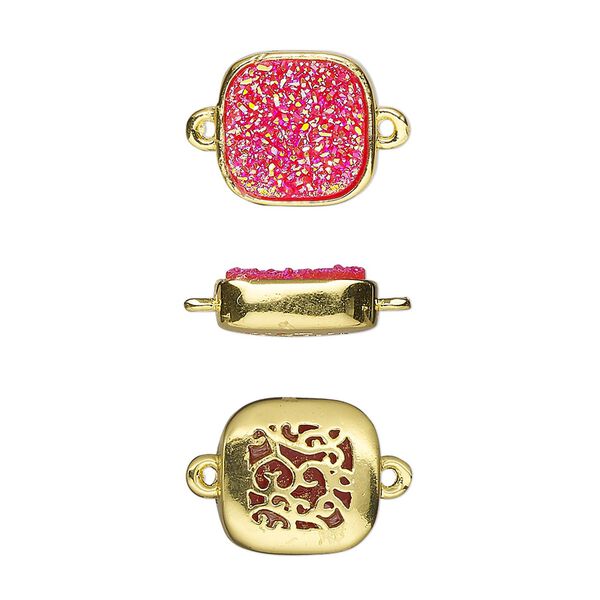 Link, Druzylite™, "druzy" (resin) and gold-finished brass, hot pink, 11.5mm two-sided square with open filigree back. Sold per pkg of 4. image number 0