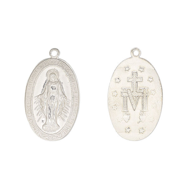 Drop, sterling silver, 19x13mm two-sided oval with Mother Mary. Sold individually. image number 0