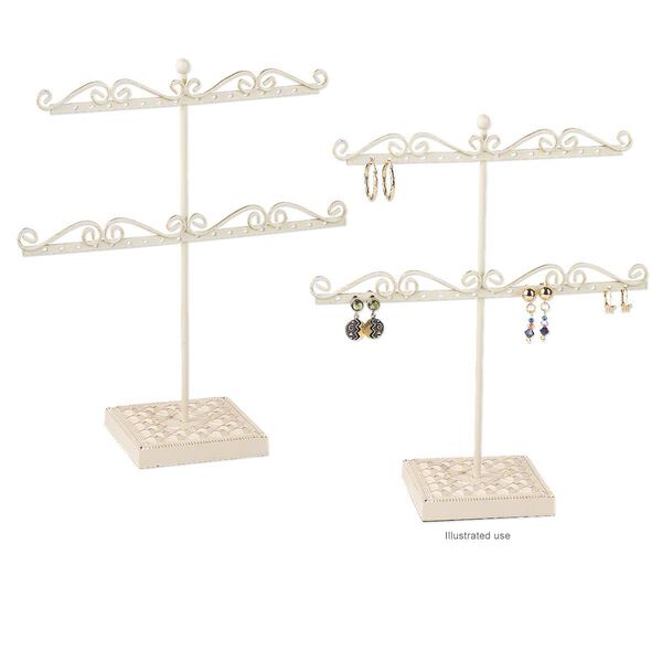 Display, 2-tier, steel / antiqued "pewter" (zinc-based alloy) /glass rhinestone, cream and clear, 8.25 x 8 x 2.75 inches, holds 14 pairs. Sold individually. image number 0