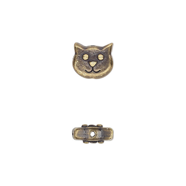Bead, TierraCast®, antique brass-plated pewter (tin-based alloy), 10x8.5mm double-sided cat face. Sold per pkg of 2. image number 0