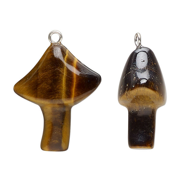 Drop, imitation rhodium-plated brass and tigereye (natural), 25x21.5mm hand-carved mushroom. Sold individually. image number 0