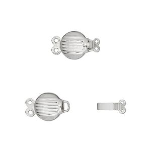 Clasp tab 1pkg100 silver-plated, 8mm corrugated flat round / safety latch, brass 2-strand
