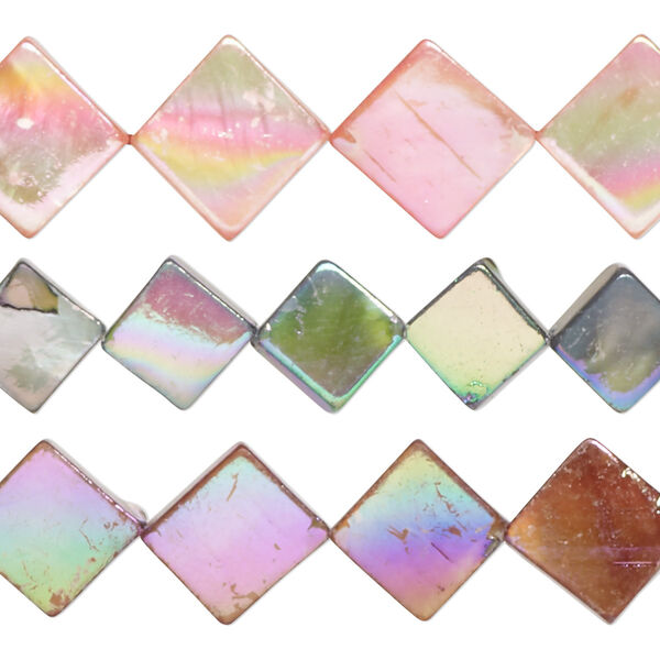 Bead mix, mother-of-pearl shell (bleached / dyed), multicolored AB, 8x7mm-12x11mm flat diamond with 0.4-0.6mm hole, Mohs hardness 3-1/2. Sold per pkg of (3) 15-inch strands. image number 0
