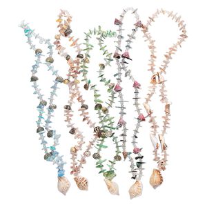 Necklace mix, multi-shell (natural / dyed), multicolored, 4-38mm with centerpiece shell and acrylic AB spacers, 25-inch continuous loop. Sold per pkg of 5.
