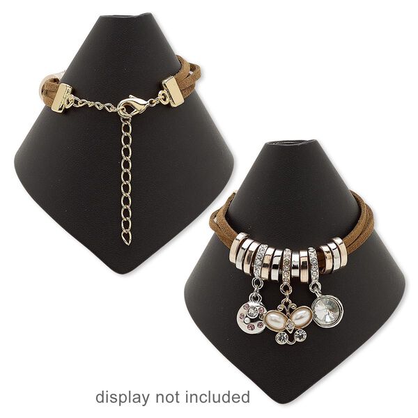 Bracelet, glass rhinestone / faux suede / acrylic / imitation rhodium-plated copper / steel / "pewter" (zinc-based alloy), brown / clear / white, oval ring, 6-1/2 inches with 2-3/4 inch extender chain and lobster claw clasp. Sold individually. image number 0