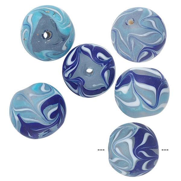 Bead, glass, translucent matte multi-blue / white / clear, 20mm round. Sold per pkg of 6. image number 0