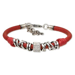 Bracelet, leather (dyed) / Czech glass rhinestone / antique silver-plated steel / "pewter" (zinc-based alloy), red and clear, 9mm wide, 7-1/2 inches with 1-3/4 inch extender chain and lobster claw clasp. Sold individually.