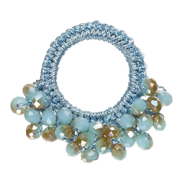 Focal, glass / nylon / steel, turquoise blue and copper, 34x32mm-37x34mm open round with fringe. Sold per pkg of 4. image number 0