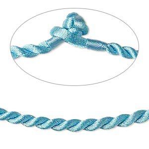 Necklace cord, satin-finished nylon, light blue, 3mm twisted round, 16 inches with knot closure. Sold per pkg of 2.