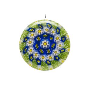 Drop, millefiori glass, translucent multicolored, 24-26mm top-drilled puffed flat round flower and butterfly design. Sold individually.