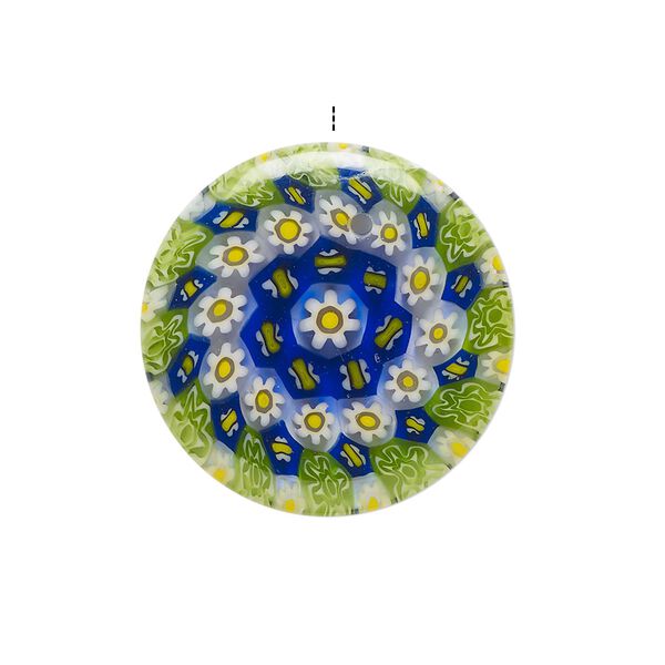 Drop, millefiori glass, translucent multicolored, 24-26mm top-drilled puffed flat round flower and butterfly design. Sold individually. image number 0