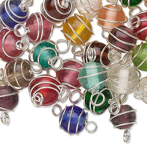 Link mix, glass and silver-finished brass, transparent mixed colors, 8mm wire-wrapped round. Sold per pkg of 50. image number 0