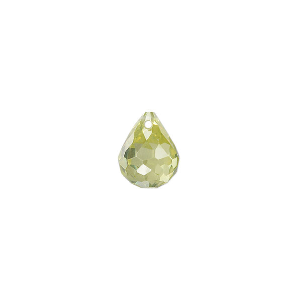 Bead, cubic zirconia, peridot green, 11x9mm top-drilled faceted teardrop, Mohs hardness 8-1/2. Sold per pkg of 2. image number 0