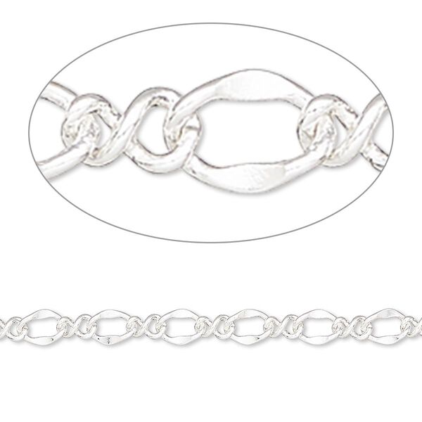 Chain, silver-plated brass, 4mm flat figure 8. Sold per 50-foot spool. image number 0