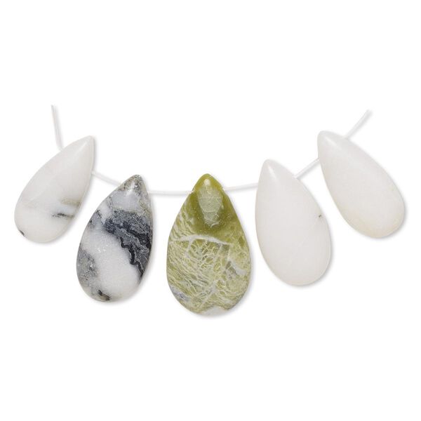 Drop, green Earth "jasper" (serpentine) (natural), 26x13mm-30x18mm graduated puffed teardrop with flat back, B- grade, Mohs hardness 2-1/2 to 6. Sold per 5-piece set. image number 0