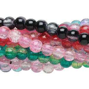 Bead mix, coated crackle glass, two-tone mixed colors, 6-8mm round. Sold per pkg of (10) 30-inch strands.