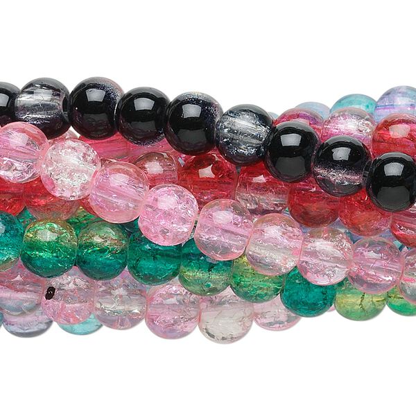 Bead mix, coated crackle glass, two-tone mixed colors, 6-8mm round. Sold per pkg of (10) 30-inch strands. image number 0