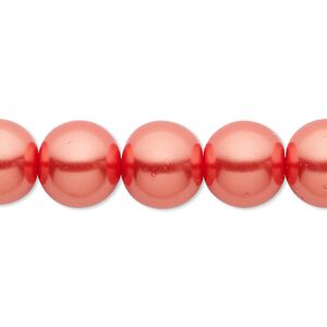 Bead, crystal pearl, orange-red, 12mm round. Sold per 15-1/2" to 16" strand, approximately 30 beads.