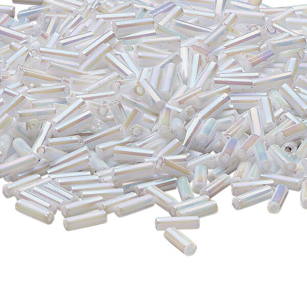 Bugle bead, Dyna-Mites™, glass, opaque white AB, #3. Sold per 1/2 kilogram pkg. image number 0