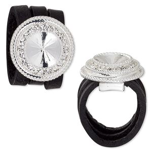 Ring, Almost Instant Jewelry®, leather (dyed) / crystals / silver-plated "pewter" (zinc-based alloy), black and crystal clear, 22mm wide with beaded rim and 12mm rivoli setting, size 8. Sold individually.