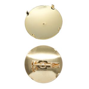 Pin back, gold-plated steel, 19mm 4-prong round. Sold per pkg of 10.