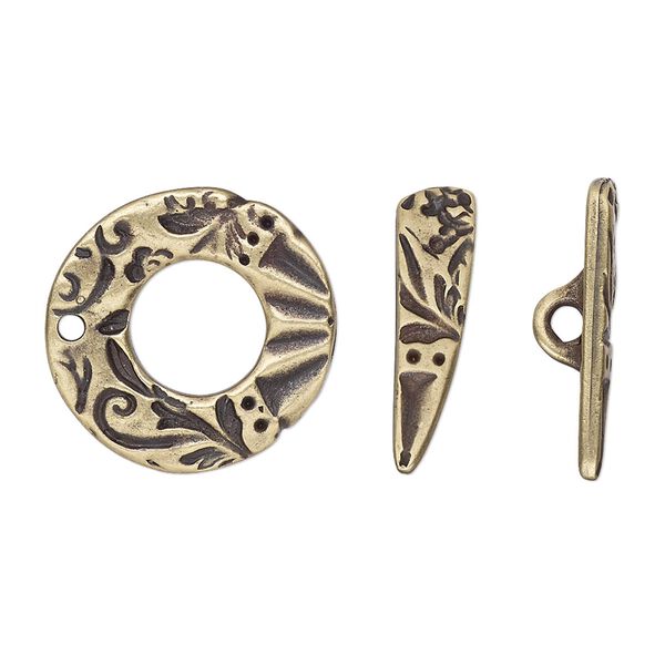 Clasp, TierraCast®, "Vida Mas Dulce" collection, toggle, antique brass-plated pewter (tin-based alloy), 19.5x19mm ring with flora design. Sold per pkg of 10. image number 0