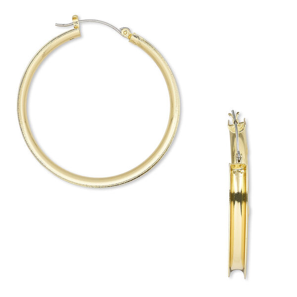 Earring, steel and gold-finished "pewter" (zinc-based alloy), 48mm round hoop with 4mm wide channel. Sold per pair. image number 0