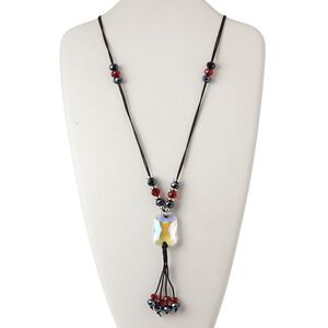 Necklace, glass / silver-coated plastic / plastic / silver-finished steel / nylon cord, multicolored, 33x24mm faceted rectangle with dangle, 30-34 inches with lobster claw clasp and 2-inch extender chain. Sold individually.