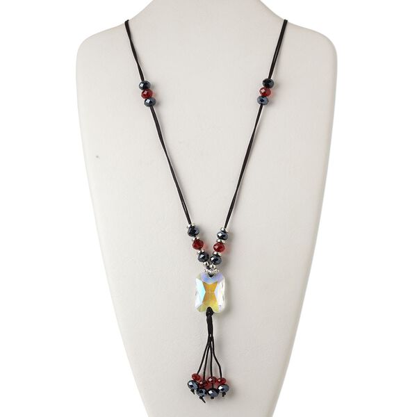 Necklace, glass / silver-coated plastic / plastic / silver-finished steel / nylon cord, multicolored, 33x24mm faceted rectangle with dangle, 30-34 inches with lobster claw clasp and 2-inch extender chain. Sold individually. image number 0