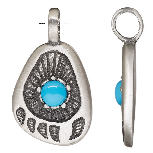 Pendant, Powerful Pewter Pendants, antiqued pewter (tin-based alloy) and resin, turquoise blue, 45.5x27mm single-sided paw print with 7mm hole. Sold individually. image number 0