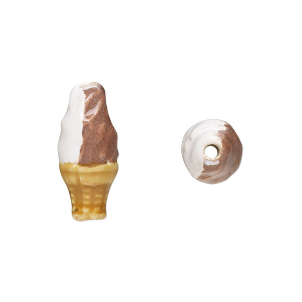 Bead, painted and glazed ceramic, white and brown, 17x7mm 3D ice cream. Sold per pkg of 2. image number 0