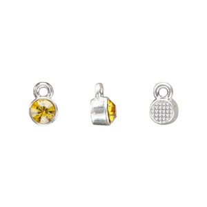 Drop, silver-finished "pewter" (zinc-based alloy) and glass rhinestone, topaz yellow, 6mm faceted round, November birthstone. Sold per pkg of 10.