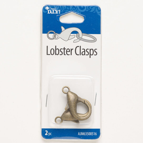 Clasp, lobster claw, "pewter" (zinc-based alloy), pkg/2, antique gold finish, 24x15mm oval. image number 0
