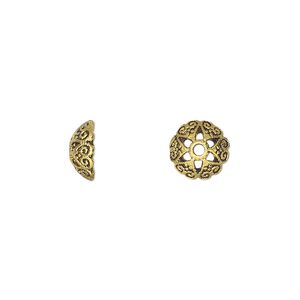Bead cap, antique gold-finished "pewter" (zinc-based alloy), 9.5x4mm round with cutout flower, fits 6-10mm round bead. Sold per pkg of 20.