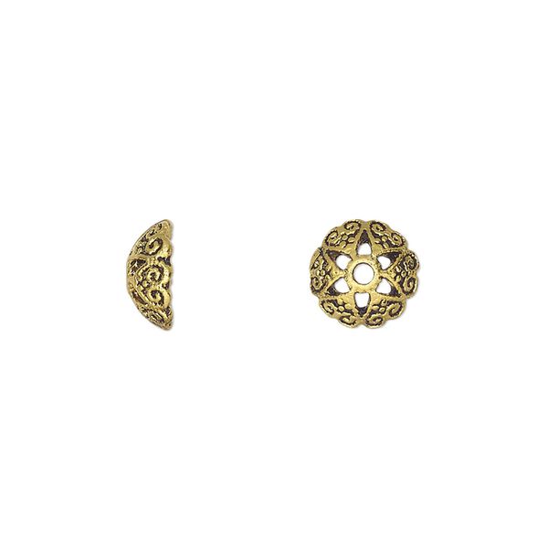 Bead cap, antique gold-finished "pewter" (zinc-based alloy), 9.5x4mm round with cutout flower, fits 6-10mm round bead. Sold per pkg of 20. image number 0