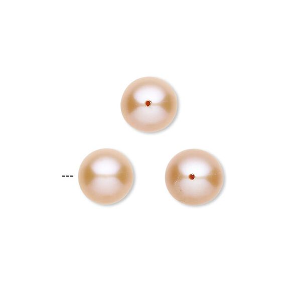 Pearl, White Lotus™, cultured freshwater, peach, (2) 8-8.5mm half-drilled round and (1) 9.5-10mm half-drilled round, B grade, Mohs hardness 2-1/2 to 5. Sold per 3-piece set. image number 0