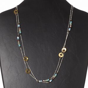Necklace, glass / antique silver-plated brass / gold-finished "pewter" (zinc-based alloy), multicolored, star, 42-inch continuous loop. Sold individually.