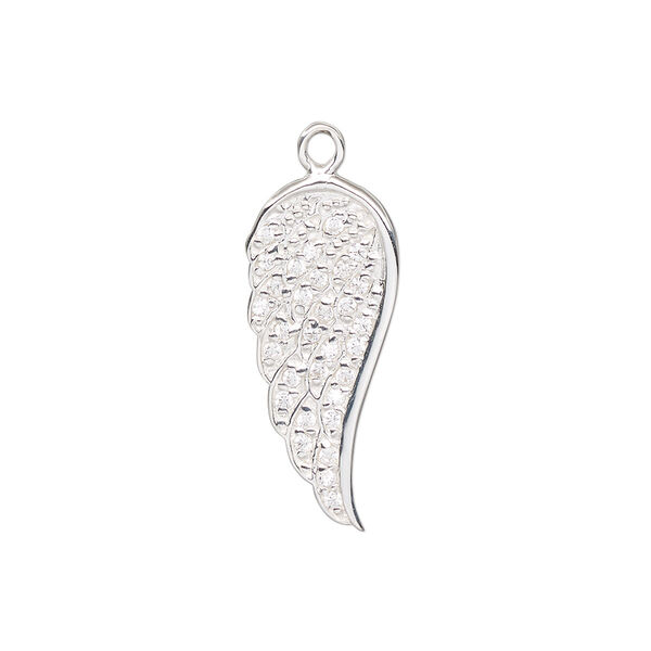 Charm, sterling silver and cubic zirconia, 23.5x10.5mm single-sided wing. Sold individually. image number 0