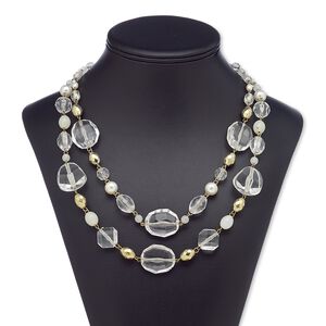 Necklace, glass / acrylic / acrylic pearl / gold-coated plastic / gold-finished steel, clear AB and clear, 18 inches with 2-1/2 inch extender chain and lobster claw clasp. Sold individually.