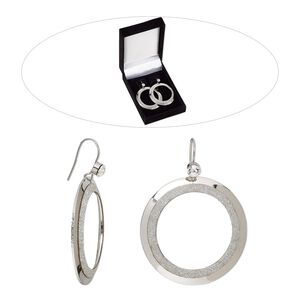 Earring, Czech glass rhinestone with rhodium-finished brass and steel, clear with silver-colored glitter, 2-1/4 inches with two-tone round donut and fishhook ear wire. Sold per pair.